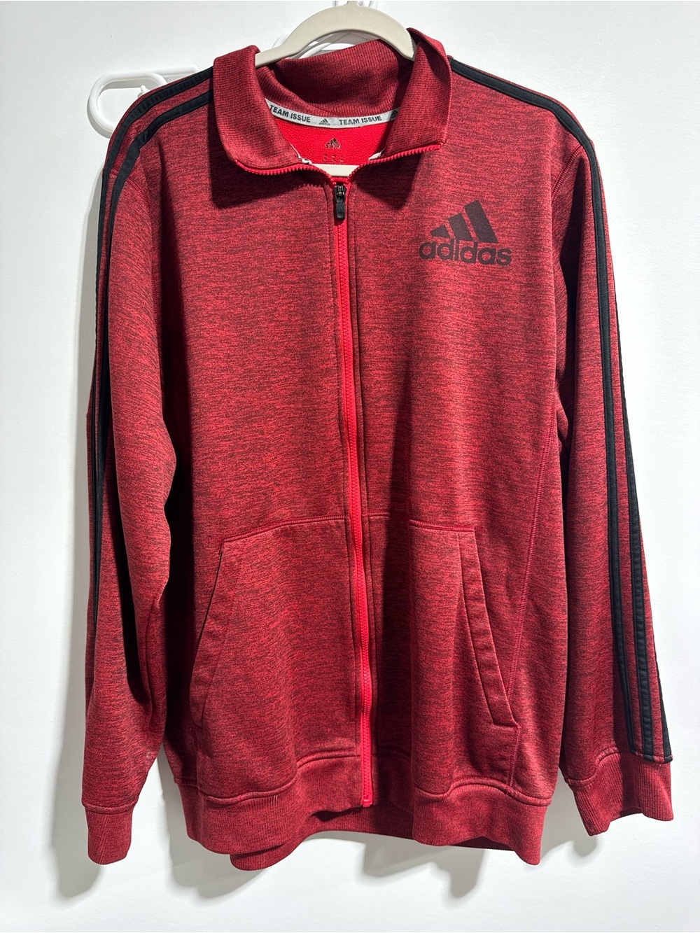 Men Adidas Red Full-Zip Track Jacket with Black Stripes